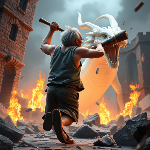 Cartoon 3D High-Resolution,dynamic battle scene using Unreal Engine 5 and Octane Render. The scene features back of an elderly, thai man with a beard,messy hair and round golden-rimmed glasses. He is wearing a tattered tank top with soot marks, shorts, and sandals. sweating. he wields a baseball bat. He jump to fight with a white fire-breathing Europe dragon amidst a partially destroyed stone castle. Include intense flames, smoke, and debris to enhance the dramatic effect.