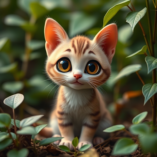 Create a high-resolution image of a cute cartoon cat with big eyes sitting among leafy plants, using a Canon EOS 5D Mark IV with 85mm f/1.8 lens, ISO 100, f/4 aperture, natural lighting, and a soft focus background.
