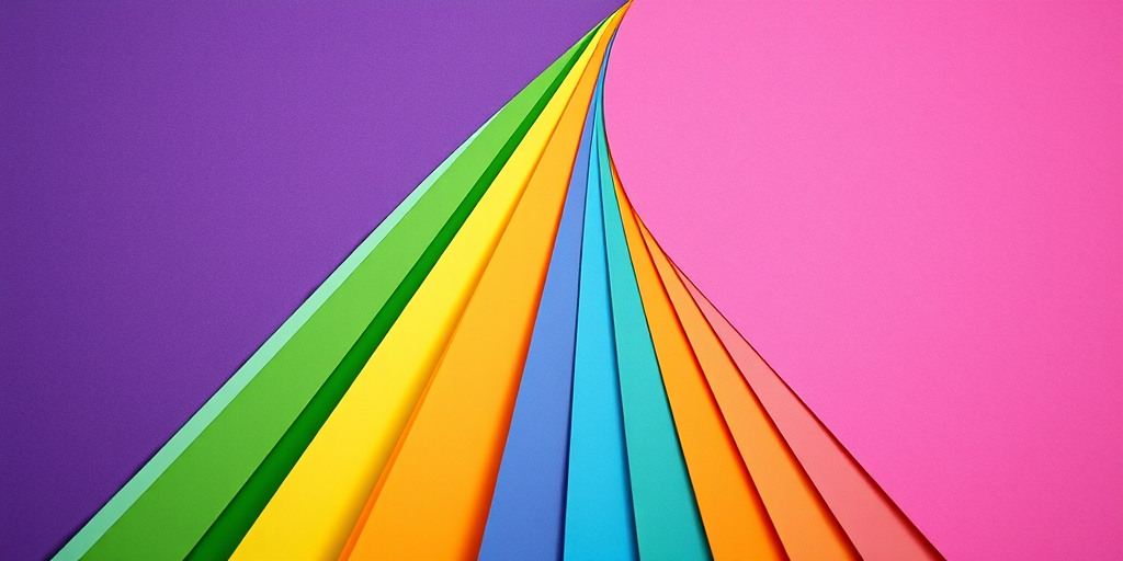 create an abstract image of colorful paper diagonally arranged in a fan pattern transitioning from purple through blue, green, yellow, orange, and red, high resolution, aperture f/8, ISO 100, 50mm lens, top-down view, soft lighting, digital camera