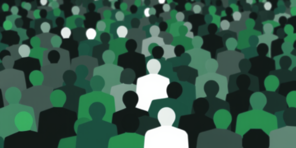 Create a high-resolution abstract image of a crowd using simplified shapes with a balanced blend of black, green, grey, and white tones, captured with a DSLR camera at f/8 aperture, ISO 100, 50mm focal length, in a shallow depth of field to enhance color contrast and clarity.