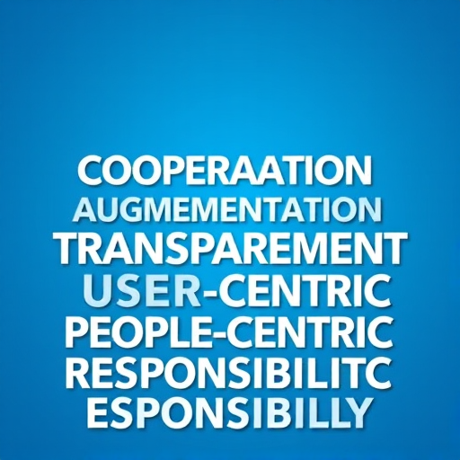 Create a high-resolution digital artwork featuring the words "COOPERATION", "AUGMENTATION", "EMPOWERMENT", "TRANSPARENCY", "USER-CENTRIC", "TRUST", "PEOPLE-CENTRIC", and "RESPONSIBILITY" in bold, dynamic typography arranged on a gradient blue background, captured with a Canon EOS R5, 35mm lens, f/1.8 aperture, 1/60 sec shutter speed, ISO 100, in landscape orientation.