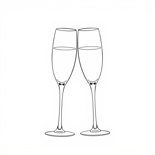 design a minimalist line art illustration of two clinking champagne glasses on a white background, high-resolution, 50mm lens, f/2.8 aperture, soft lighting, shot from a slightly elevated angle using a digital DSLR camera
