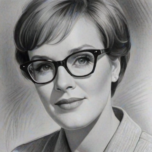 Ravishing Julie Andrews, pencil sketch, portrait of Fetching woman 1954s in glasses, hair style beatnik, outline, clear lines, fine lines, 8k