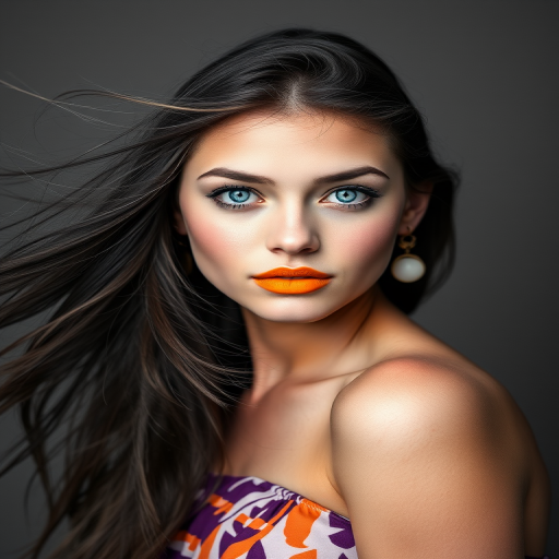 Photographic image of a beautiful young First Nations woman, blue eyes, lips with Yellow lipstick, long hair fluttering in the wind and wearing a silk strapless dress with a soft purple and orange print. monochrome image with only color highlights in the iris of the eyes, lipstick and dress. Gray background.