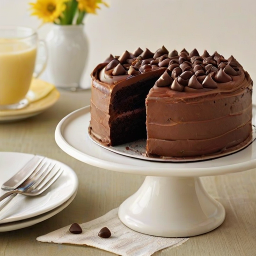 Create an image of a beautifully decorated chocolate cake with a rich chocolate frosting. The cake should be layered, showcasing a slice that reveals three distinct chocolate layers: a dark chocolate layer, a milk chocolate layer, and a light chocolate mousse layer. The outer layer of the cake should be adorned with chocolate chips and a decorative piped frosting border on top. Include a small bowl of chocolate chips in the background to accentuate the theme. The setting should be bright and inviting, with a light-colored plate and a simple fork beside the slice.