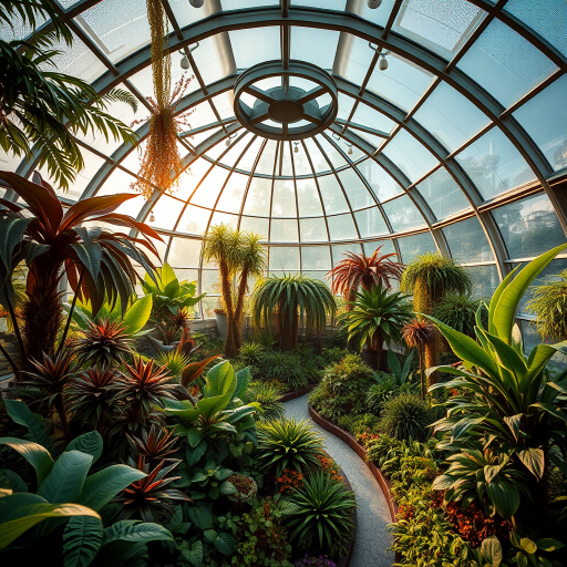 Create a futuristic greenhouse interior with lush greenery and unique plants under a glass dome, showcasing a vibrant ecosystem, shot with a Canon EOS R5 at f/8, ISO 200, 24mm lens, using HDR photography style for enhanced detail and vibrant colors.
