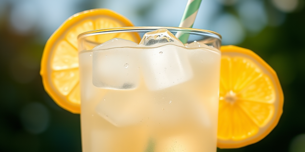 Create a high-resolution image of a refreshing lemon drink in a clear glass with ice cubes and a straw, front view, using a DSLR camera with a 50mm lens, aperture f/1.8, ISO 100, in natural sunlight for enhanced clarity and color vibrancy.