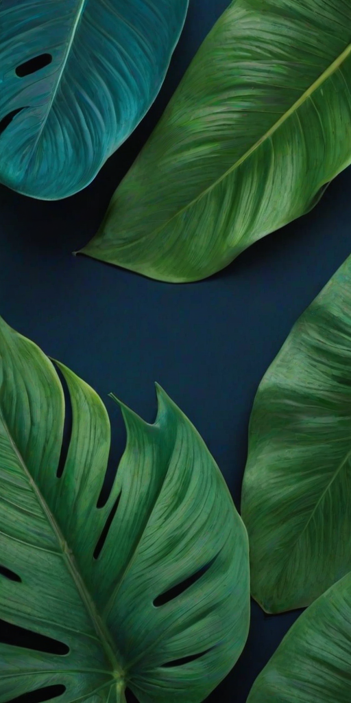 create a close-up composition of vibrant green and teal tropical leaves against a deep blue background