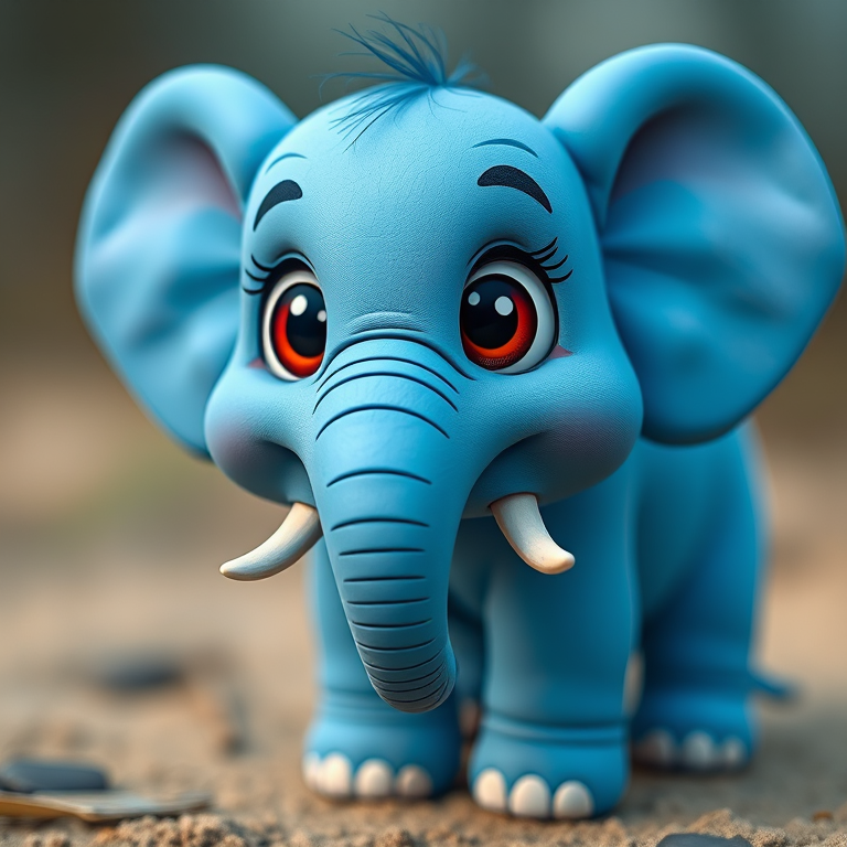 create a cute cartoon elephant with blue skin and large expressive eyes, using a Canon EOS R5 with a 50mm f/1.8 lens, shot in portrait mode with a soft-focus background to enhance the subject and vibrant colors
