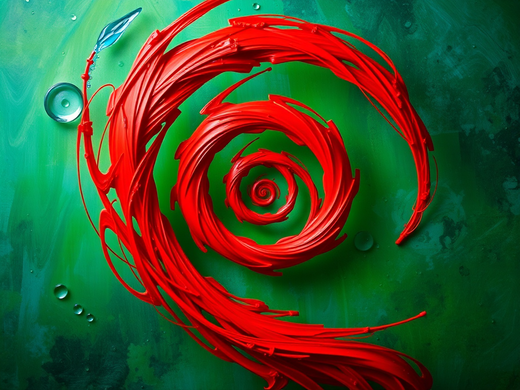 Create a vibrant abstract design featuring a red spiral on a green and blue background, using a Canon EOS R5 with a 50mm f/1.2 lens at ISO 100, aperture f/2.8, and a shutter speed of 1/200s for sharpness and clarity.