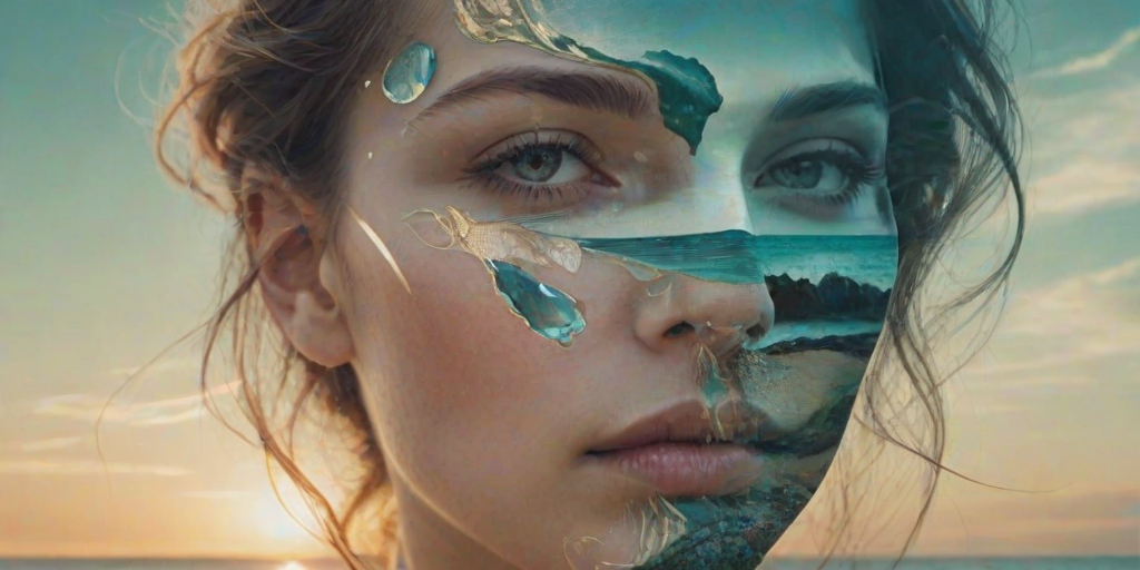 design Book cover, A surreal double exposure portrait that blends a woman's face with a beautiful seascape. The overall mood is dreamy and mystical, with rich colors and intricate details