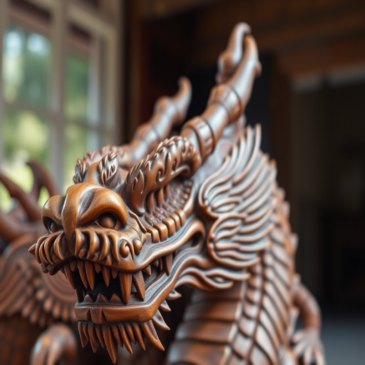 Capture an intricately carved wooden dragon sculpture with detailed scales and fierce expression, soft natural lighting, aperture f/2.8, ISO 100, 50mm lens, shallow depth of field, focus on intricate details, shot from a slightly low angle to emphasize its grandeur.
