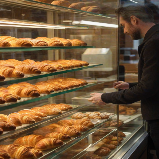 Warmly lit image of a bakery display case, rows of freshly baked pastries, croissants glistening with butter, soft light reflecting off the glass, the smell of sweet dough and coffee lingering in the air, a customer peering through the glass.