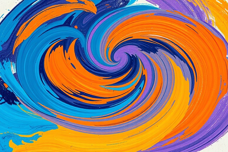 Create an abstract artwork with swirling colors of blue, orange, and hints of purple, featuring dynamic brushstrokes and textured layers, captured with a full-frame DSLR camera at f/8, ISO 100, 1/125 sec, viewed from a slightly elevated angle to add depth.