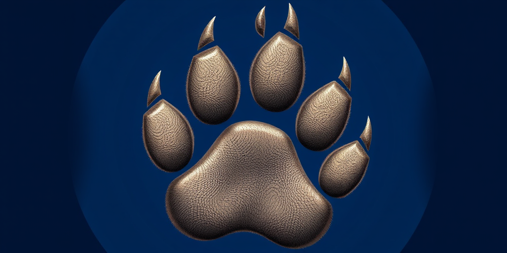 Create a highly detailed illustration of an animal paw print with a textured, realistic design against a deep blue circular background, using a DSLR camera at f/2.8, 50mm lens, ISO 100, and a shallow depth of field for enhanced clarity and sharpness.