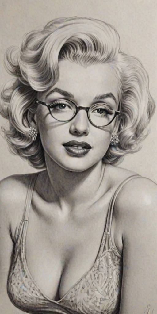 Ravishing Marilyn Monroe, pencil sketch, portrait of Exquisite woman 1937s in glasses, hair style beatnik, outline, clear lines, fine lines, 8k