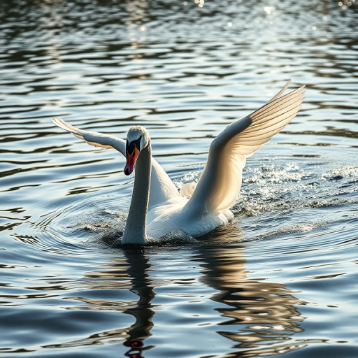 capture a swan diving gracefully into a shimmering lake with wings spread wide in soft natural lighting, f/2.8 aperture, 1/500 sec shutter speed, ISO 200, shot from a low angle with a DSLR camera in portrait orientation