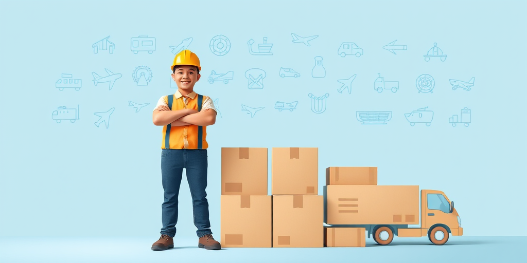 Create a high-resolution digital illustration of a warehouse worker standing confidently beside three stacked boxes, with a light blue background featuring simplified transportation icons like a ship, airplane, and truck, using a wide-angle lens, f/8 aperture, ISO 200, and soft natural lighting for a clean and professional look.