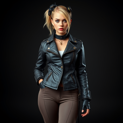 A full-body portrait of a female steampunk character wearing a stylish leather jacket and fitted pants, standing confidently with a neutral expression; camera settings: f/1.8, ISO 100, 1/200s; camera view: eye level; camera style: portrait; camera type: DSLR.