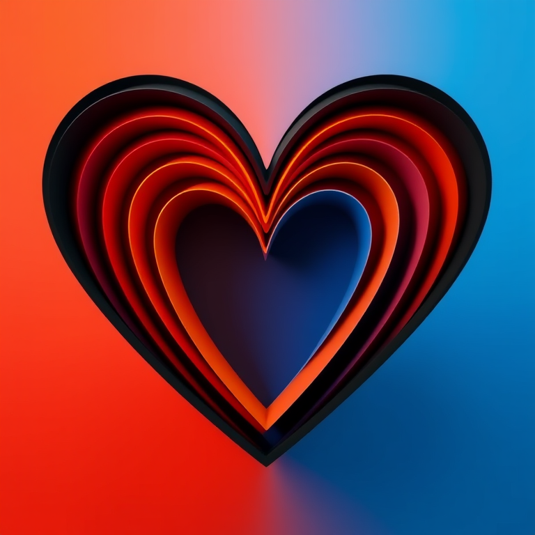 Create a vibrant 3D heart shape with concentric lines in various shades of black, orange, and blue, using a Canon EOS 5D Mark IV, aperture f/8, ISO 100, 24mm lens, shot from a frontal view with a slight upward angle to enhance depth.