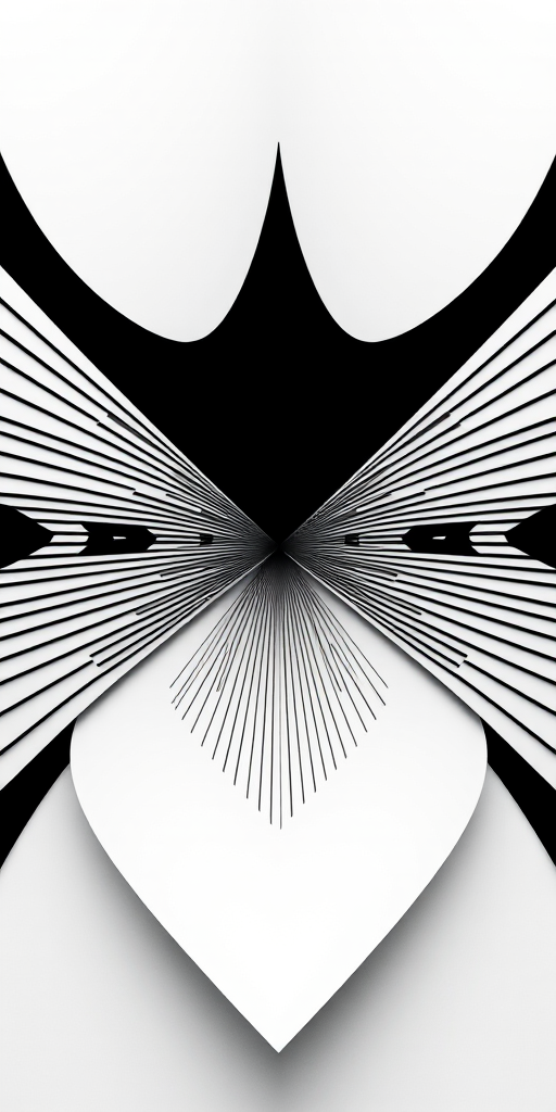 Generate a high-resolution image of a minimalist abstract design featuring symmetrical lines and shapes in black and white, captured with a 50mm lens at f/1.8, ISO 100, and a shutter speed of 1/200 sec, using a DSLR camera with a shallow depth of field for enhanced focus on the patterns.