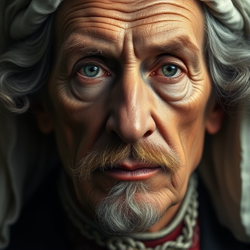 Create a highly detailed portrait of a historical figure with intricate line work and shading, using a Canon EOS R5 camera, 85mm lens, aperture f/1.2, ISO 100, soft diffused lighting, and a slight vignette effect to enhance contrast and depth.