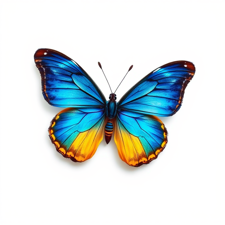 A highly detailed illustration of a blue and yellow butterfly, centered on a plain white background, captured with a DSLR camera at f/5.6 aperture, ISO 100, 1/200 shutter speed, using a macro lens for sharp focus and vibrant colors.