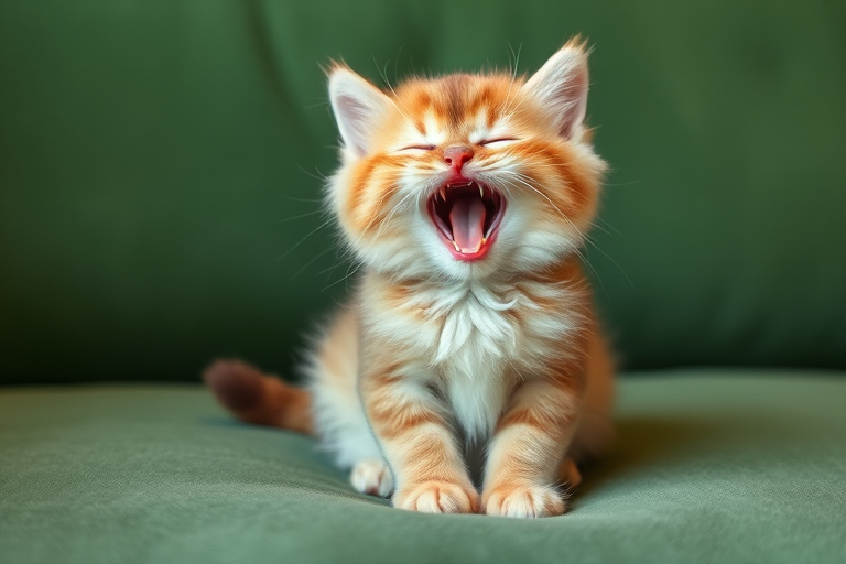 Cute fluffy kitten sitting on a green couch yawning with its eyes closed and mouth open showcasing its playful expression and soft fur.