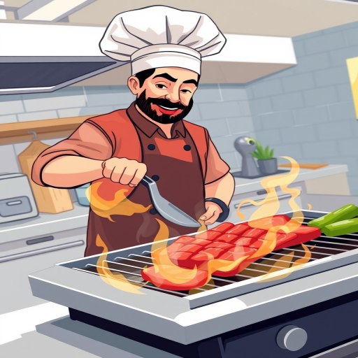Create an illustration of a chef grilling meat on a flat top grill in a bright kitchen setting, using a DSLR camera with a 50mm lens, aperture set at f/2.8, ISO 100, and a slight overhead angle to capture the sizzling effect and vibrant colors.