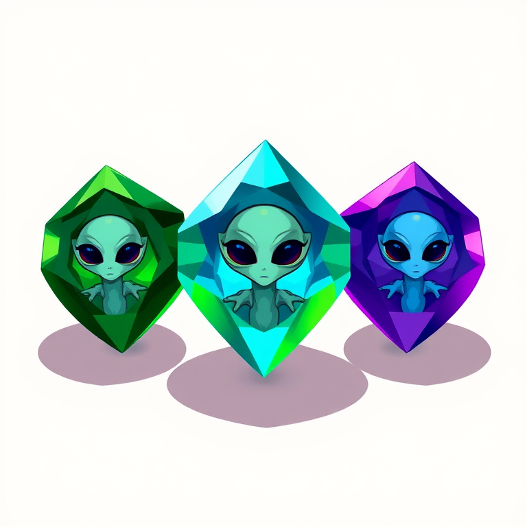 Create an illustration of three alien-themed gems with varying colors: green, blue, and purple, each featuring a small alien face inside, with a 50mm lens, f/2.8 aperture, side lighting to enhance details, and a DSLR camera type for high resolution.