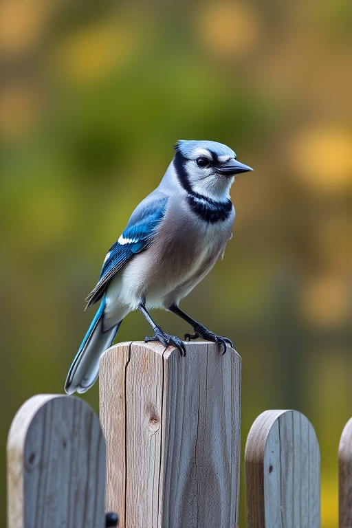 capture a blue jay perched on a wooden fence with a blurred natural background, use a Canon EOS 5D Mark IV with a 70-200mm f/2.8 lens, set aperture to f/4, ISO 200, shutter speed 1/500s, shoot from eye level for a sharp focus on the bird while softening the background