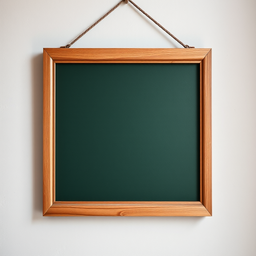 Create an image of a wooden frame hanging on a wall with a blank dark green canvas inside it, using a DSLR camera with a 50mm lens, aperture set to f/1.8, ISO 100, shutter speed 1/200s, with natural lighting for enhanced clarity and depth.