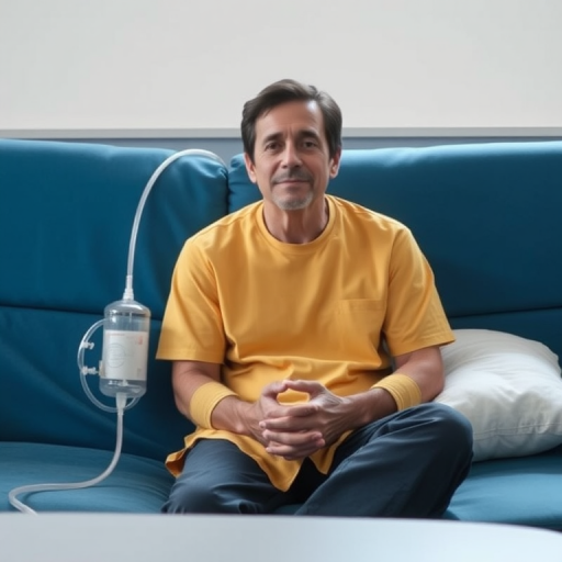 A person sitting on a blue couch connected to an oxygen tank, wearing a yellow shirt, hands clasped, calm expression, soft lighting, shot with a Canon EOS R5, 50mm lens, f/1.8 aperture, 1/60 shutter speed, ISO 200, natural daylight from a window.