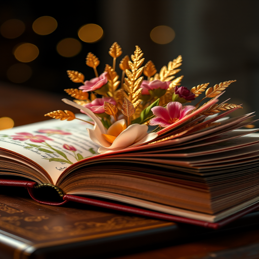 A beautifully detailed open book with vibrant floral designs and golden embellishments bursting from its pages, shot with a Canon EOS R5, 50mm lens, f/1.8 aperture, ISO 100, in a low light setting with soft bokeh background to enhance color depth and texture.