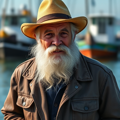 portrait of an elderly fisherman with a long white beard wearing a sun hat and a rugged leather jacket standing by a dock near the water, natural lighting, 50mm lens, f/1.8 aperture, soft focus background, DSLR camera, high resolution