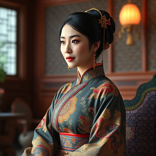A beautiful woman in traditional East Asian attire, intricately detailed with embroidered patterns, sitting gracefully in a richly decorated room, soft ambient lighting, serene and elegant, ultra-realistic, 8K resolution
