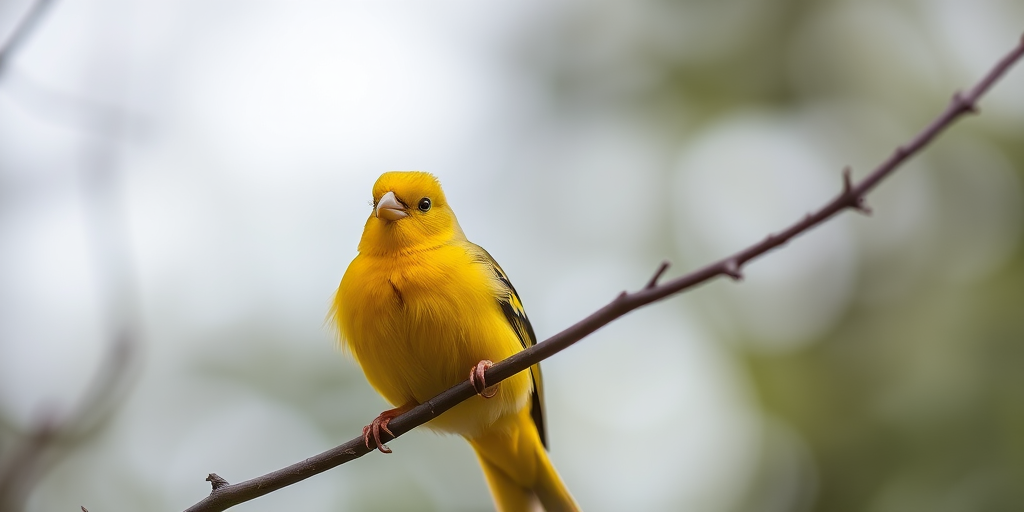 Generate a high-resolution image of a vibrant yellow canary perched on a branch, using a Canon EOS R5 with a 50mm lens at f/1.8, ISO 100, and a shallow depth of field to enhance focus on the bird while blurring the background.