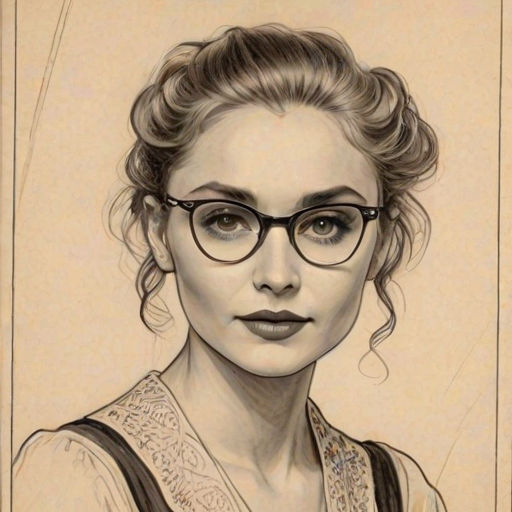 Stunning Clare Bowen, pencil sketch, portrait of Delightful woman 1925s in glasses, hair style beatnik, outline, clear lines, fine lines, 8k