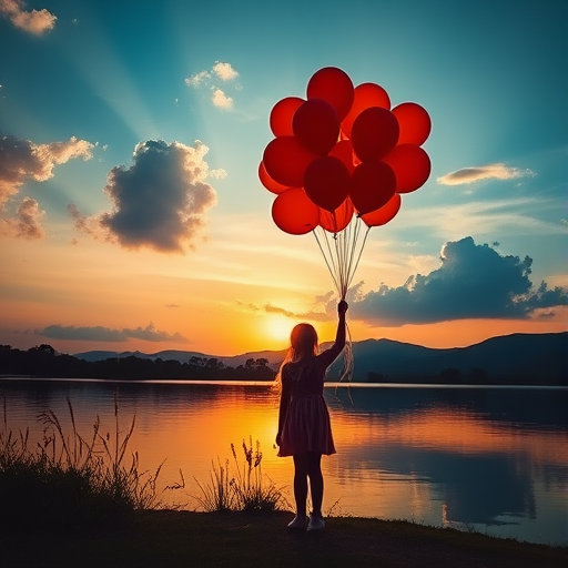 Create an ethereal landscape depicting a silhouette of a girl standing at the edge of a serene lake, holding a cluster of vibrant orange balloons as the sun sets, cast in soft golden and deep blue hues, with dramatic clouds; use a Canon EOS 5D Mark IV, 35mm lens, f/1.8 aperture, ISO 100, shot at dawn to enhance color vibrancy and depth of field.