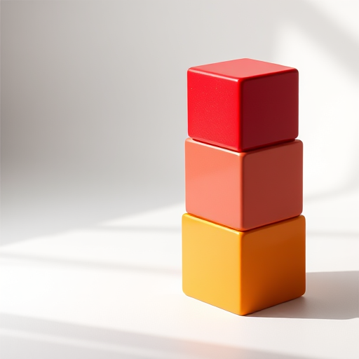 Create a high-resolution image of three stacked 3D cubes in green, red, and orange colors on a white background, with a Canon EOS R5 camera, ISO 100, f/2.8 aperture, and 50mm lens, using soft diffused lighting for enhanced shadow details.