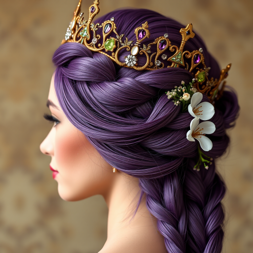 Regal amethyst-haired royalty showcasing an intricate crown braid adorned with glittering gemstones and delicate flowers