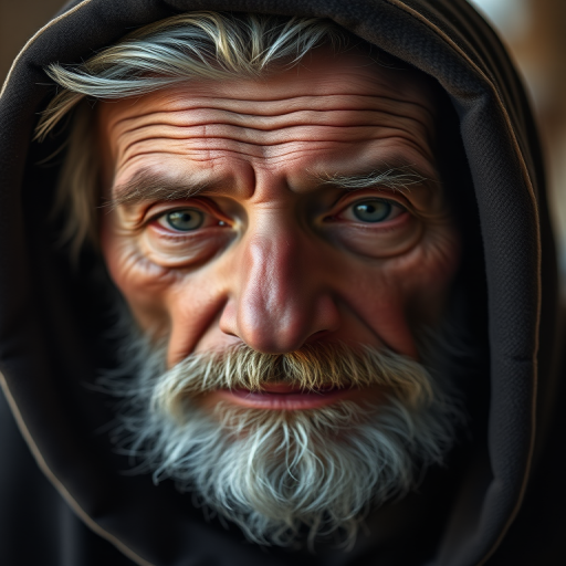 portrait of an elderly man with a deep gaze, detailed wrinkles and a wispy beard, wearing a dark hood, softly illuminated by natural light, 85mm lens, aperture f/1.8, shutter speed 1/125, ISO 200, shallow depth of field, Canon EOS R5