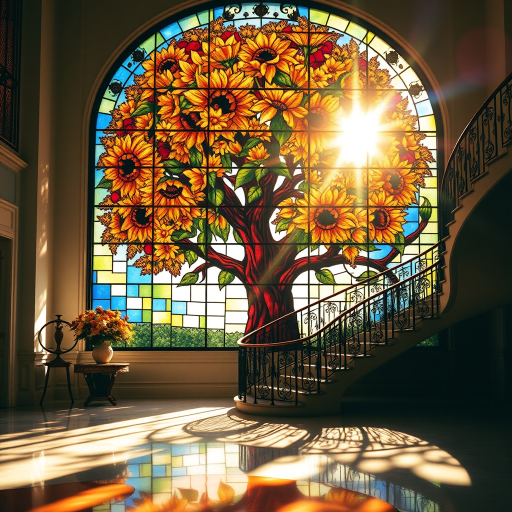 A stained glass window featuring a large, vibrant tree with blooming sunflowers as its focal point. The sunlight passes through the glass, casting multicolored shadows across the floor and a grand, curved staircase with ornate iron railings. The overall ambiance is warm, with golden sunlight enhancing the vivid colors of the stained glass, creating a serene and artistic atmosphere in a spacious room with polished marble floors. The scene is elegant and peaceful, with a blend of nature and architectural beauty.