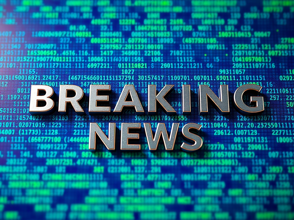 Create an image of the text "BREAKING NEWS" in bold, metallic letters against a vibrant blue and green digital background, using a Canon EOS R camera with a 50mm lens, f/2.8 aperture, ISO 100, and a sharp focus to enhance clarity and detail.