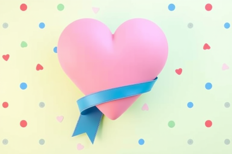Create a high-resolution vector illustration of a large pink heart with a blue ribbon around it, set against a light green background decorated with colorful polka dots in red, blue, and white, using a digital camera with a focal length of 50mm, aperture at f/8, and ISO 100 for sharp details and vibrant colors.