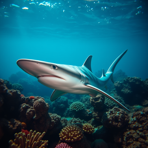 Create a detailed underwater scene featuring a hammerhead shark swimming gracefully through coral reefs, captured with a Canon EOS 5D Mark IV, 24mm lens, f/8 aperture, ISO 200, 1/250s shutter speed, in vibrant colors and high clarity.