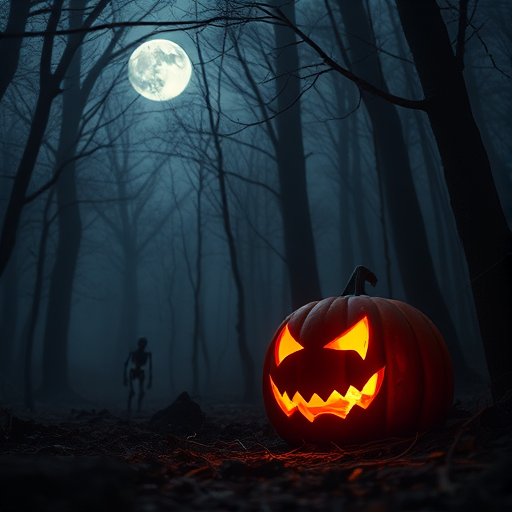 Haunting Halloween scene with a glowing jack-o'-lantern in a misty forest, skeletons wandering among cobwebs, full moon casting an eerie light, captured with a Canon EOS R5, 50mm lens, f/1.8, ISO 100, 1/50s shutter speed, low-angle view, soft-focus style, emphasizing depth and atmosphere.