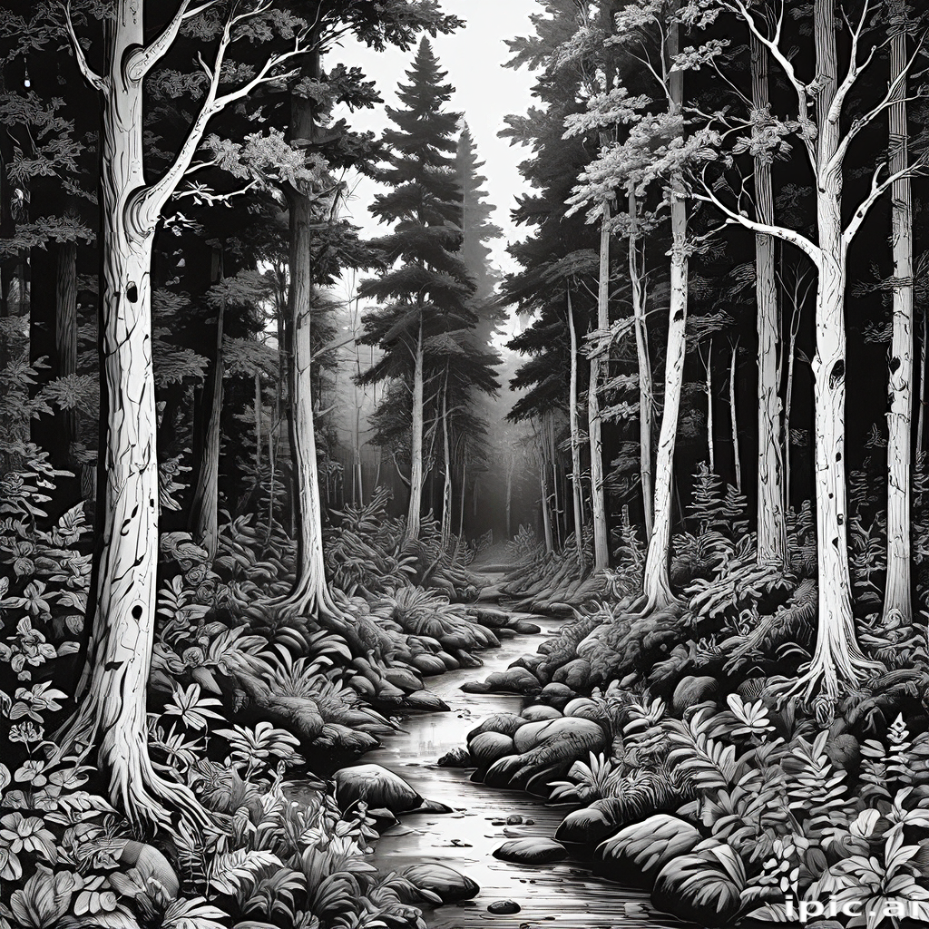 Serene Black and White Forest Scene with a Gentle Flowing Stream