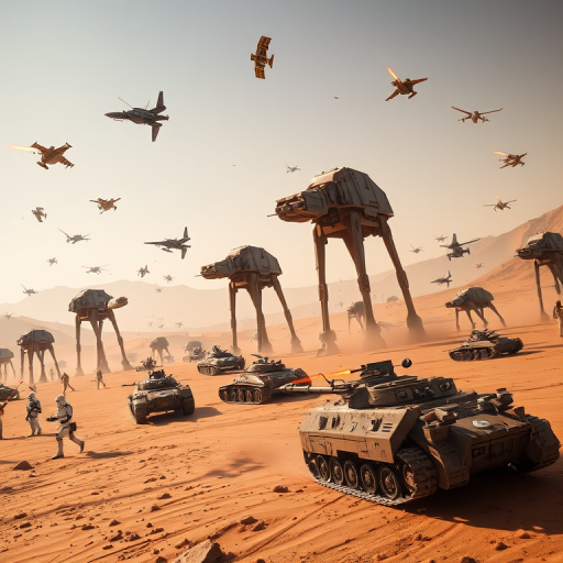 Create a high-resolution sci-fi scene depicting a battle on a desert planet with various spacecraft and ground vehicles, featuring AT-AT walkers firing lasers, tanks engaging, and stormtroopers in action, captured with a DSLR camera at f/2.8, ISO 100, 1/125s, wide-angle lens, low-angle view to emphasize the scale and action.