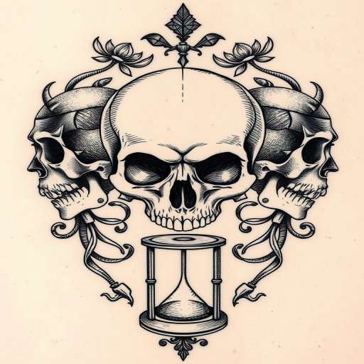 Etching style tattoo named "Memento Mori" showcasing intricate crosshatching and fine lines to create a vintage engraving effect depicting skulls hourglasses and other vanitas symbols